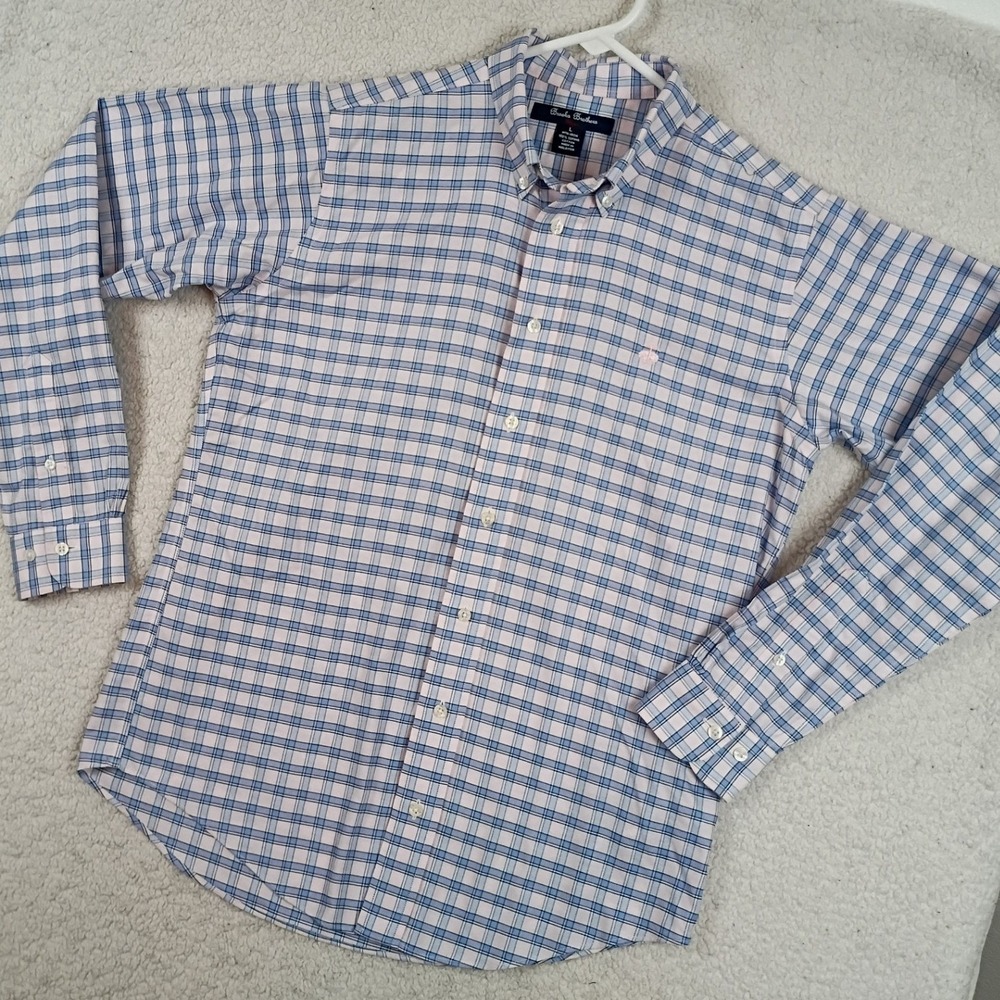 Brooks Brothers Fleece Boys Large 14-16 Pink Blue Plaid Non-Iron Supima Shirt